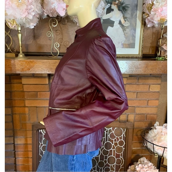 WHITE HOUSE BLACK MARKET BURGUNDY GENUINE LEATHER PEPLUM JACKET (XL) - Picture 4 of 14